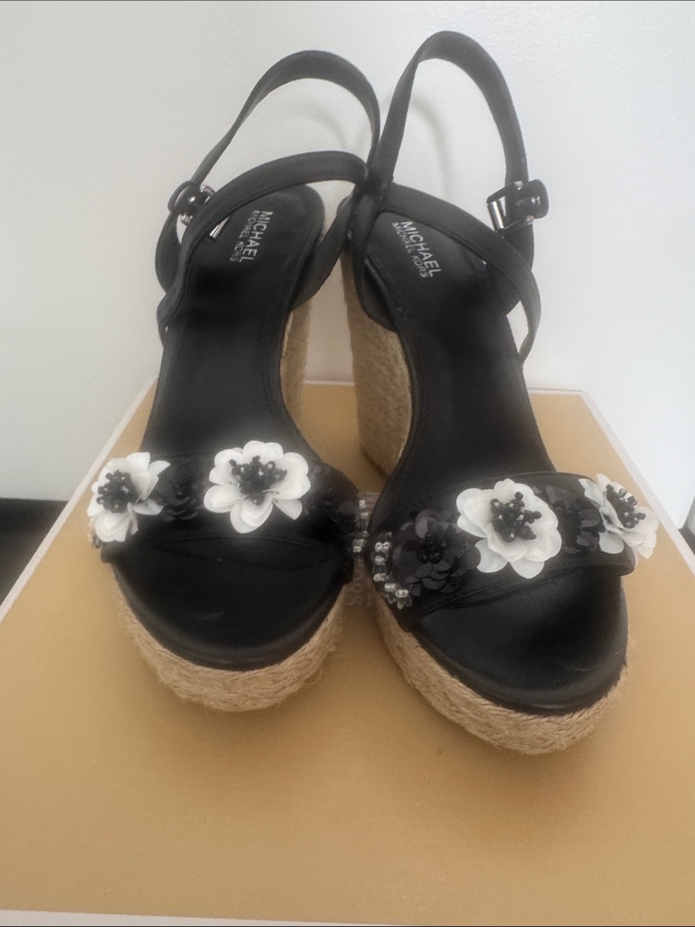 Michael Kors Black Wedge Sandals with White Floral Appliqué